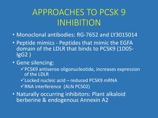 APPROACHES TO PCSK 9
INHIBITION
• Monoclonal antibodies: RG-7652 and LY3015014
• Peptide mimics - Peptides that mimic the EGFA
domain of the LDLR that binds to PCSK9 (1D05-
IgG2 )
• Gene silencing:
PCSK9 antisense oligonucleotide, increases expression
of the LDLR
Locked nucleic acid – reduced PCSK9 mRNA
RNA interference (ALN PCS02)
• Naturally occurring inhibitors: Plant alkaloid
berberine & endogenous Annexin A2
 