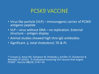 PCSK9 VACCINE
• Virus like particle (VLP) – immunogenic carrier of PCSK9
antigenic peptide
• VLP – virus without DNA – no replication. External
structure – antigen display
• Animal studies showed high titre IgG antibodies
• Significant ↓ total cholesterol, TG & PL
* Crossey E, Amar MJ, Sampson M, Peabody J, Schiller JT, Chackerian B,
Remaley AT (2015). "A cholesterol-lowering VLP vaccine that targets
PCSK9". Vaccine 33(43): 5747–55
 