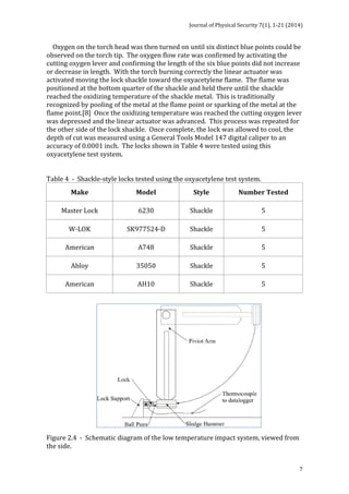 Journal 
of 
Physical 
Security 
7(1), 
1-­‐21 
(2014) 
Oxygen 
on 
the 
torch 
head 
was 
then 
turned 
on 
until 
six 
distinct 
blue 
points 
could 
be 
observed 
on 
the 
torch 
tip. 
The 
oxygen 
flow 
rate 
was 
confirmed 
by 
activating 
the 
cutting 
oxygen 
lever 
and 
confirming 
the 
length 
of 
the 
six 
blue 
points 
did 
not 
increase 
or 
decrease 
in 
length. 
With 
the 
torch 
burning 
correctly 
the 
linear 
actuator 
was 
activated 
moving 
the 
lock 
shackle 
toward 
the 
oxyacetylene 
flame. 
The 
flame 
was 
positioned 
at 
the 
bottom 
quarter 
of 
the 
shackle 
and 
held 
there 
until 
the 
shackle 
reached 
the 
oxidizing 
temperature 
of 
the 
shackle 
metal. 
This 
is 
traditionally 
recognized 
by 
pooling 
of 
the 
metal 
at 
the 
flame 
point 
or 
sparking 
of 
the 
metal 
at 
the 
flame 
point.[8] 
Once 
the 
oxidizing 
temperature 
was 
reached 
the 
cutting 
oxygen 
lever 
was 
depressed 
and 
the 
linear 
actuator 
was 
advanced. 
This 
process 
was 
repeated 
for 
the 
other 
side 
of 
the 
lock 
shackle. 
Once 
complete, 
the 
lock 
was 
allowed 
to 
cool, 
the 
depth 
of 
cut 
was 
measured 
using 
a 
General 
Tools 
Model 
147 
digital 
caliper 
to 
an 
accuracy 
of 
0.0001 inch. The 
locks 
shown 
in 
Table 
4 
were 
tested 
using 
this 
oxyacetylene 
test 
system. 
7 
Table 
4 
-­‐ 
Shackle-­‐style 
locks 
tested 
using 
the 
oxyacetylene 
test 
system. 
Make 
Model 
Style 
Number 
Tested 
Master 
Lock 
6230 
Shackle 
5 
W-­‐LOK 
SK977524-­‐D 
Shackle 
5 
American 
A748 
Shackle 
5 
Abloy 
35050 
Shackle 
5 
American 
AH10 
Shackle 
5 
Figure 
2.4 
-­‐ 
Schematic 
diagram 
of 
the 
low 
temperature 
impact 
system, 
viewed 
from 
the 
side. 
 