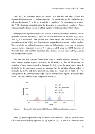 Journal 
of 
Physical 
Security 
7(2), 
12-­‐29 
(2014) 
22 
First, 
P(Di) 
is 
expressed 
using 
the 
Monte 
Carlo 
method. 
The 
P(Di) 
values 
are 
expressed 
using 
equation 
(2) 
and 
equation 
(4). 
For 
the 
IR 
sensors, 
the 
P(Di) 
values 
are 
calculated 
using 
the 
VT_i_IR, 
the 
μs_i_IR, 
and 
the 
σs_i_IR 
values. 
For 
the 
microwave 
sensors, 
the 
P(Di) 
values 
are 
calculated 
using 
the 
VT_i_M, 
the 
σs_i_M, 
and 
the 
σn_i_M 
values. 
These 
values 
are 
set 
freely 
and 
shown 
in 
table 
2 
together 
with 
the 
calculated 
P(Di) 
values. 
If 
the 
operational 
performance 
of 
the 
sensors 
is 
directly 
influenced 
by 
errors 
caused 
by 
uncertainty 
and 
variability, 
a 
focus 
on 
the 
fluctuations 
of 
the 
variables 
σs_i_IR, 
σs_i_M, 
and 
σn_i_M 
is 
warranted. 
We 
assume 
that 
these 
values 
are 
randomly 
affected 
by 
uncertainty 
and 
variability, 
and 
that 
they 
are 
expressed 
using 
a 
normal 
random 
number. 
We 
generated 
a 
normal 
random 
number 
using 
the 
following 
two 
processes: 
A 
uniform 
random 
number 
sequence 
between 
0–1 
was 
generated 
using 
the 
RAND 
function 
of 
Microsoft 
Excel 
and 
was 
then 
translated 
into 
a 
normal 
random 
number, 
N(0, 
1], 
using 
the 
Box-­‐Muller 
transform.[14] 
The 
trial 
run 
was 
repeated 
5,000 
times 
using 
a 
random 
number 
sequence. 
The 
same 
random 
number 
sequence 
was 
used 
for 
all 
barriers, 
i. 
For 
the 
IR 
sensors, 
the 
variation 
of 
σs_i_IR 
was 
assumed 
to 
fluctuate 
by 
0.01 
from 
the 
value 
set 
in 
table 
2. 
Similarly, 
for 
the 
microwave 
sensors, 
we 
assumed 
that 
the 
variation 
of 
σs_i_M 
and 
σn_i_M 
fluctuate 
by 
0.005 
and 
0.01, 
respectively, 
from 
the 
values 
set 
in 
table 
2. 
The 
histograms 
of 
the 
5,000 
calculated 
P(Di) 
values 
are 
shown 
in 
figure 
4 
for 
every 
P(Di) 
value. 
The 
data 
interval 
of 
the 
P(Di) 
values 
was 
0.001. 
Figure 
4 
-­‐ 
Probability 
distribution 
of 
P(Di) 
using 
5,000 
normal 
random 
numbers. 
Next, 
P(Ci) 
was 
expressed 
using 
the 
Monte 
Carlo 
method. 
The 
P(Ci) 
values 
were 
calculated 
by 
multiplying 
equation 
(6) 
by 
equation 
(7). 
In 
the 
first 
communication 
 