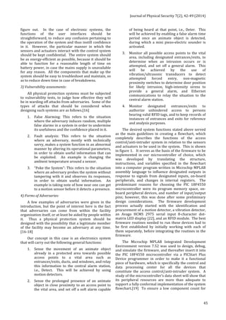 Journal 
of 
Physical 
Security 
7(2), 
42-­‐49 
(2014) 
45 
figure 
out. 
In 
the 
case 
of 
electronic 
systems, 
the 
functions 
of 
the 
user 
interfaces 
should 
be 
straightforward, 
to 
reduce 
any 
confusion 
pertaining 
to 
the 
operation 
of 
the 
system 
and 
thus 
instill 
confidence 
in 
it. 
However, 
the 
particular 
manner 
in 
which 
the 
sensors 
and 
actuators 
interact 
with 
the 
control 
system 
should 
be 
kept 
confidential. 
The 
entire 
system 
should 
be 
as 
energy-­‐efficient 
as 
possible, 
because 
it 
should 
be 
able 
to 
function 
for 
a 
reasonable 
length 
of 
time 
on 
battery 
power, 
in 
case 
the 
mains 
supply 
is 
unavailable 
for 
any 
reason. 
All 
the 
components 
that 
make 
up 
the 
system 
should 
be 
easy 
to 
troubleshoot 
and 
maintain, 
so 
as 
to 
reduce 
down 
time 
in 
case 
of 
breakdowns. 
3) 
Vulnerability 
assessments: 
All 
physical 
protection 
systems 
must 
be 
subjected 
to 
vulnerability 
tests, 
to 
judge 
how 
effective 
they 
will 
be 
in 
warding 
off 
attacks 
from 
adversaries. 
Some 
of 
the 
types 
of 
attacks 
that 
should 
be 
considered 
when 
designing 
such 
systems 
are 
as 
follows.[16] 
1. 
False 
Alarming: 
This 
refers 
to 
the 
situation 
where 
the 
adversary 
induces 
random, 
multiple 
false 
alarms 
in 
a 
system 
in 
order 
to 
undermine 
its 
usefulness 
and 
the 
confidence 
placed 
in 
it. 
2. 
Fault 
analysis: 
This 
refers 
to 
the 
situation 
where 
an 
adversary, 
mostly 
with 
technically 
savvy, 
makes 
a 
system 
function 
in 
an 
abnormal 
manner 
by 
altering 
its 
operational 
parameters, 
in 
order 
to 
obtain 
useful 
information 
that 
can 
be 
exploited. 
An 
example 
is 
changing 
the 
ambient 
temperature 
around 
a 
sensor. 
3. 
“Poke 
the 
System”: 
This 
refers 
to 
the 
situation 
where 
an 
adversary 
probes 
the 
system 
without 
tampering 
with 
it 
and 
observes 
its 
responses, 
in 
order 
to 
obtain 
useful 
information. 
An 
example 
is 
taking 
note 
of 
how 
near 
one 
can 
get 
to 
a 
motion 
sensor 
before 
it 
detects 
a 
presence. 
4) 
Forms 
of 
Adversaries: 
A 
few 
examples 
of 
adversaries 
were 
given 
in 
the 
introduction, 
but 
the 
point 
of 
interest 
here 
is 
the 
fact 
that 
adversaries 
can 
come 
from 
within 
the 
facility 
organization 
itself, 
or 
at 
least 
be 
aided 
by 
people 
within 
it. 
Thus 
a 
physical 
protection 
system 
should 
be 
designed 
with 
the 
possibility 
that 
a 
legitimate 
member 
of 
the 
facility 
may 
become 
an 
adversary 
at 
any 
time. 
[16-­‐18] 
Our 
concept 
in 
this 
case 
is 
an 
electronics 
system 
that 
will 
carry 
out 
the 
following 
general 
functions: 
1. Sense 
the 
movement 
of 
an 
animate 
object 
already 
in 
a 
protected 
area 
towards 
possible 
access 
points 
to 
a 
vital 
area 
such 
as 
entrances/exits, 
ducts, 
and 
windows, 
and 
relay 
this 
information 
to 
the 
central 
alarm 
station, 
i.e., 
Detect. 
This 
will 
be 
achieved 
by 
using 
motion 
detectors. 
2. Sense 
the 
prolonged 
presence 
of 
an 
animate 
object 
in 
close 
proximity 
to 
an 
access 
point 
to 
the 
vital 
area, 
and 
set 
off 
a 
soft 
alarm 
capable 
of 
being 
heard 
at 
that 
point, 
i.e., 
Deter. 
This 
will 
be 
achieved 
by 
enabling 
a 
false 
alarm 
time 
period 
once 
an 
animate 
object 
is 
detected, 
during 
which 
a 
mini 
piezo-­‐electric 
sounder 
is 
activated. 
3. Monitor 
all 
possible 
access 
points 
to 
the 
vital 
area, 
including 
designated 
entrances/exits, 
to 
determine 
when 
an 
intrusion 
occurs 
or 
is 
attempted, 
and 
set 
off 
a 
general 
alarm. 
This 
will 
be 
achieved 
by 
the 
use 
of 
vibration/ultrasonic 
transducers 
to 
detect 
attempted 
forced 
entry, 
non-­‐magnetic 
proximity 
switches 
to 
determine 
door 
position 
for 
likely 
intrusion, 
high-­‐intensity 
sirens 
to 
provide 
a 
general 
alarm, 
and 
Ethernet 
communications 
to 
relay 
the 
situation 
to 
the 
central 
alarm 
station. 
4. Monitor 
designated 
entrances/exits 
to 
authorize 
unhindered 
access 
to 
persons 
bearing 
valid 
RFID 
tags, 
and 
to 
keep 
records 
of 
instances 
of 
entrances 
and 
exits 
for 
reference 
and 
analysis 
purposes. 
The 
desired 
system 
functions 
stated 
above 
served 
as 
the 
main 
guidelines 
in 
creating 
a 
flowchart, 
which 
completely 
describes 
the 
functions 
of 
the 
access 
control/anti-­‐intruder 
system 
in 
relation 
to 
the 
sensors 
and 
actuators 
to 
be 
used 
in 
the 
system. 
This 
is 
shown 
in 
figure 
1. 
It 
serves 
as 
the 
basis 
of 
the 
firmware 
to 
be 
implemented 
in 
our 
microcontroller 
of 
choice, 
which 
was 
developed 
by 
translating 
the 
structure, 
instructions, 
and 
variables 
specified 
in 
the 
flowchart 
into 
a 
computer 
program 
written 
in 
Microchip 
MPLAB 
assembly 
language 
to 
influence 
designated 
outputs 
in 
response 
to 
signals 
from 
designated 
inputs, 
on-­‐board 
peripherals, 
and 
changes 
in 
internal 
registers. 
The 
predominant 
reasons 
for 
choosing 
the 
PIC 
18F4550 
microcontroller 
were 
its 
program 
memory 
space, 
on-­‐ 
board 
peripheral 
devices, 
and 
number 
of 
input/output 
pins; 
however, 
this 
was 
done 
after 
some 
preliminary 
design 
considerations. 
The 
firmware 
development 
process 
actually 
started 
with 
the 
identification 
and 
procurement 
of 
a 
motion 
detector, 
a 
vibration 
detector, 
an 
Avago 
HCMS 
2975 
serial 
input 
8-­‐character 
dot-­‐ 
matrix 
LED 
display 
[22], 
and 
an 
RFID 
module. 
The 
best 
firmware 
routines 
needed 
to 
run 
these 
devices 
had 
to 
be 
first 
established 
by 
initially 
working 
with 
each 
of 
them 
separately, 
before 
integrating 
the 
routines 
in 
the 
firmware. 
The 
Microchip 
MPLAB 
Integrated 
Development 
Environment 
version 
7.52 
was 
used 
to 
design, 
debug, 
and 
simulate 
the 
firmware, 
and 
thereafter 
insert 
it 
into 
the 
PIC 
18F4550 
microcontroller 
via 
a 
PICStart 
Plus 
Device 
programmer 
in 
order 
to 
make 
it 
a 
functional 
piece 
of 
hardware, 
which 
is 
specifically 
the 
control 
and 
data 
processing 
center 
for 
all 
the 
devices 
that 
constitute 
the 
access 
control/anti-­‐intruder 
system. 
A 
study 
of 
the 
microcontroller’s 
data 
sheet 
will 
show 
that 
its 
peripheral 
resources 
are 
more 
than 
adequate 
to 
support 
a 
fully 
conformal 
implementation 
of 
the 
system 
flowchart.[19] 
To 
ensure 
a 
low 
component 
count 
for 
 
