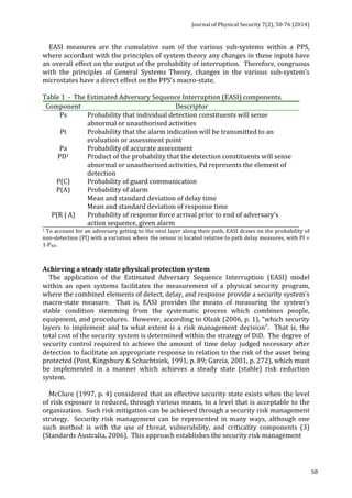 Journal 
of 
Physical 
Security 
7(2), 
50-­‐76 
(2014) 
58 
EASI 
measures 
are 
the 
cumulative 
sum 
of 
the 
various 
sub-­‐systems 
within 
a 
PPS, 
where 
accordant 
with 
the 
principles 
of 
system 
theory 
any 
changes 
in 
these 
inputs 
have 
an 
overall 
effect 
on 
the 
output 
of 
the 
probability 
of 
interruption. 
Therefore, 
congruous 
with 
the 
principles 
of 
General 
Systems 
Theory, 
changes 
in 
the 
various 
sub-­‐system’s 
microstates 
have 
a 
direct 
effect 
on 
the 
PPS’s 
macro-­‐state. 
Table 
1 
-­‐ 
The 
Estimated 
Adversary 
Sequence 
Interruption 
(EASI) 
components. 
Component 
Descriptor 
Ps 
Probability 
that 
individual 
detection 
constituents 
will 
sense 
abnormal 
or 
unauthorised 
activities 
Pt 
Probability 
that 
the 
alarm 
indication 
will 
be 
transmitted 
to 
an 
evaluation 
or 
assessment 
point 
Pa 
Probability 
of 
accurate 
assessment 
PD1 
Product 
of 
the 
probability 
that 
the 
detection 
constituents 
will 
sense 
abnormal 
or 
unauthorised 
activities, 
Pd 
represents 
the 
element 
of 
detection 
P(C) 
Probability 
of 
guard 
communication 
P(A) 
Probability 
of 
alarm 
Mean 
and 
standard 
deviation 
of 
delay 
time 
Mean 
and 
standard 
deviation 
of 
response 
time 
P(R 
| 
A) 
Probability 
of 
response 
force 
arrival 
prior 
to 
end 
of 
adversary’s 
action 
sequence, 
given 
alarm 
1 
To 
account 
for 
an 
adversary 
getting 
to 
the 
next 
layer 
along 
their 
path, 
EASI 
draws 
on 
the 
probability 
of 
non-­‐detection 
(PI) 
with 
a 
variation 
where 
the 
sensor 
is 
located 
relative 
to 
path 
delay 
measures, 
with 
PI 
= 
1˗PND. 
Achieving 
a 
steady 
state 
physical 
protection 
system 
The 
application 
of 
the 
Estimated 
Adversary 
Sequence 
Interruption 
(EASI) 
model 
within 
an 
open 
systems 
facilitates 
the 
measurement 
of 
a 
physical 
security 
program, 
where 
the 
combined 
elements 
of 
detect, 
delay, 
and 
response 
provide 
a 
security 
system’s 
macro-­‐state 
measure. 
That 
is, 
EASI 
provides 
the 
means 
of 
measuring 
the 
system’s 
stable 
condition 
stemming 
from 
the 
systematic 
process 
which 
combines 
people, 
equipment, 
and 
procedures. 
However, 
according 
to 
Olzak 
(2006, 
p. 
1), 
“which 
security 
layers 
to 
implement 
and 
to 
what 
extent 
is 
a 
risk 
management 
decision”. 
That 
is, 
the 
total 
cost 
of 
the 
security 
system 
is 
determined 
within 
the 
strategy 
of 
DiD. 
The 
degree 
of 
security 
control 
required 
to 
achieve 
the 
amount 
of 
time 
delay 
judged 
necessary 
after 
detection 
to 
facilitate 
an 
appropriate 
response 
in 
relation 
to 
the 
risk 
of 
the 
asset 
being 
protected 
(Post, 
Kingsbury 
& 
Schachtsiek, 
1991, 
p. 
89; 
Garcia, 
2001, 
p. 
272), 
which 
must 
be 
implemented 
in 
a 
manner 
which 
achieves 
a 
steady 
state 
(stable) 
risk 
reduction 
system. 
McClure 
(1997, 
p. 
4) 
considered 
that 
an 
effective 
security 
state 
exists 
when 
the 
level 
of 
risk 
exposure 
is 
reduced, 
through 
various 
means, 
to 
a 
level 
that 
is 
acceptable 
to 
the 
organization. 
Such 
risk 
mitigation 
can 
be 
achieved 
through 
a 
security 
risk 
management 
strategy. 
Security 
risk 
management 
can 
be 
represented 
in 
many 
ways, 
although 
one 
such 
method 
is 
with 
the 
use 
of 
threat, 
vulnerability, 
and 
criticality 
components 
(3) 
(Standards 
Australia, 
2006). 
This 
approach 
establishes 
the 
security 
risk 
management 
 
