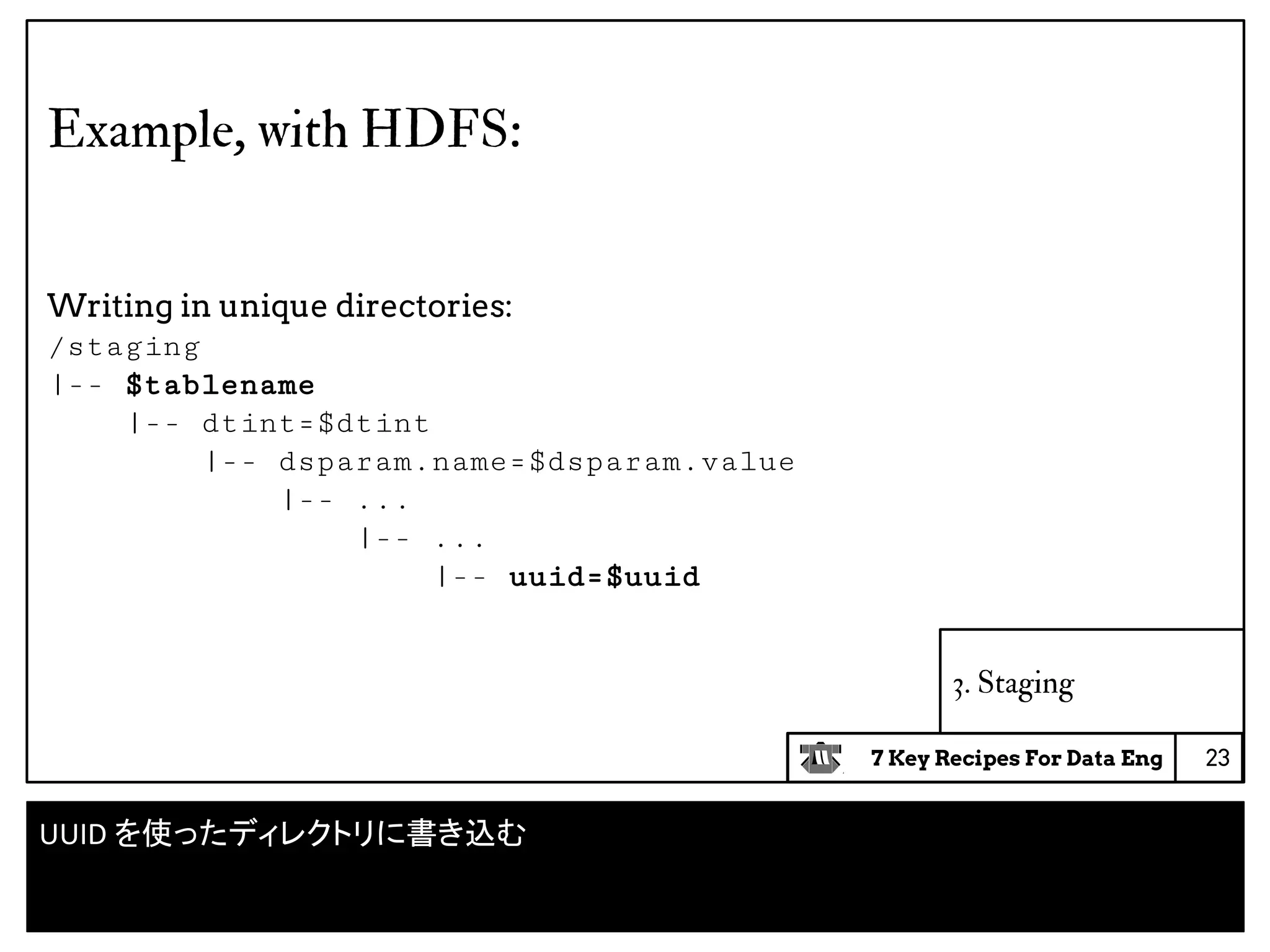 7 Key Recipes For Data Eng
3. Staging
Example, with HDFS:
Writing in unique directories:
/staging
|-- $tablename
|-- dtint=$dtint
|-- dsparam.name=$dsparam.value
|-- ...
|-- ...
|-- uuid=$uuid
23
UUID を使ったディレクトリに書き込む
 