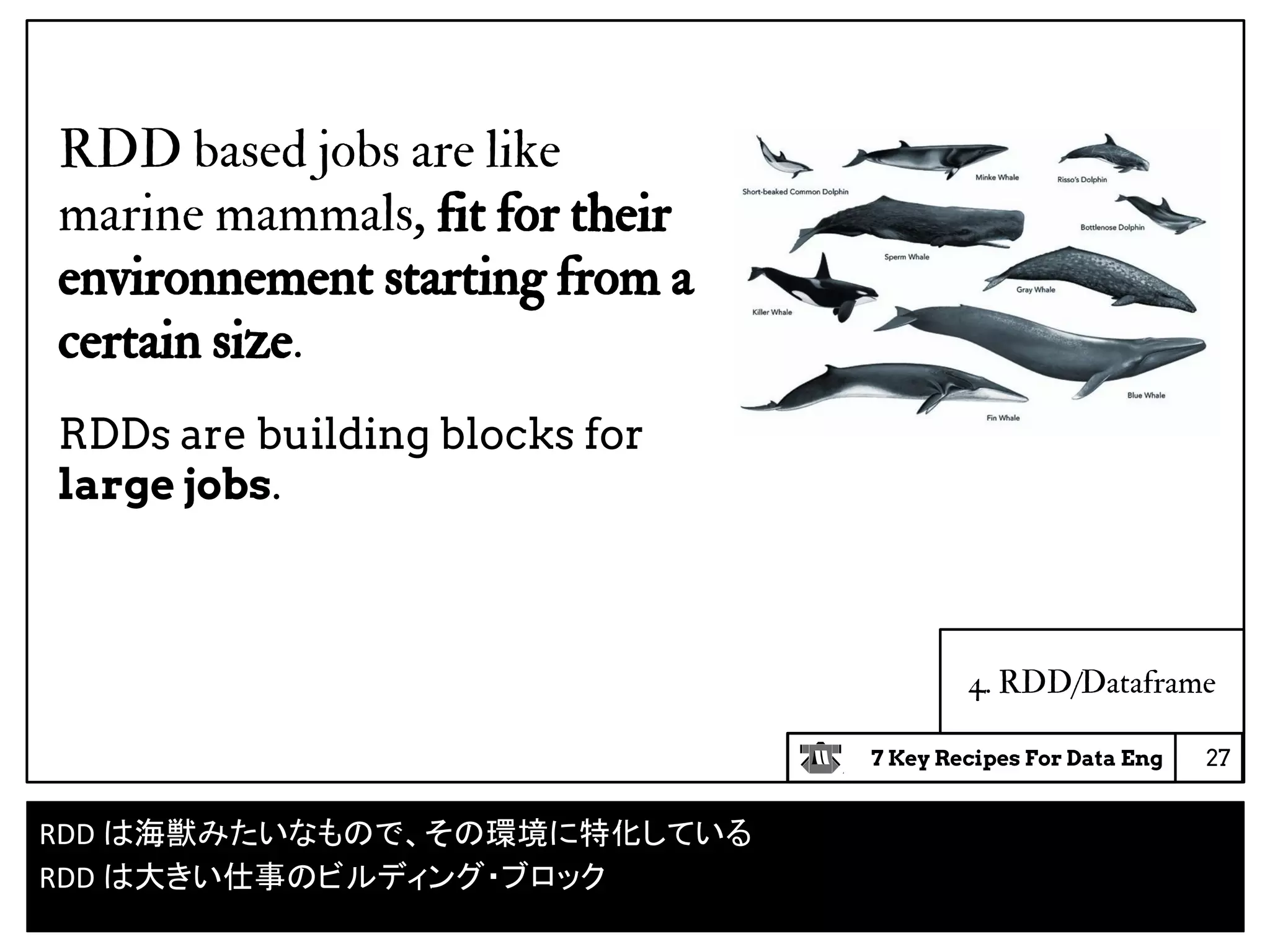 7 Key Recipes For Data Eng
RDD based jobs are like
marine mammals, fit for their
environnement starting from a
certain size.
RDDs are building blocks for
large jobs.
27
RDD は海獣みたいなもので、その環境に特化している
RDD は大きい仕事のビルディング・ブロック
4. RDD/Dataframe
 