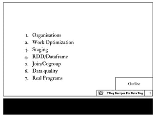 7 Key Recipes For Data Eng
Outline
1. Organisations
2. Work Optimization
3. Staging
4. RDD/Dataframe
5. Join/Cogroup
6. Data quality
7. Real Programs
5
 