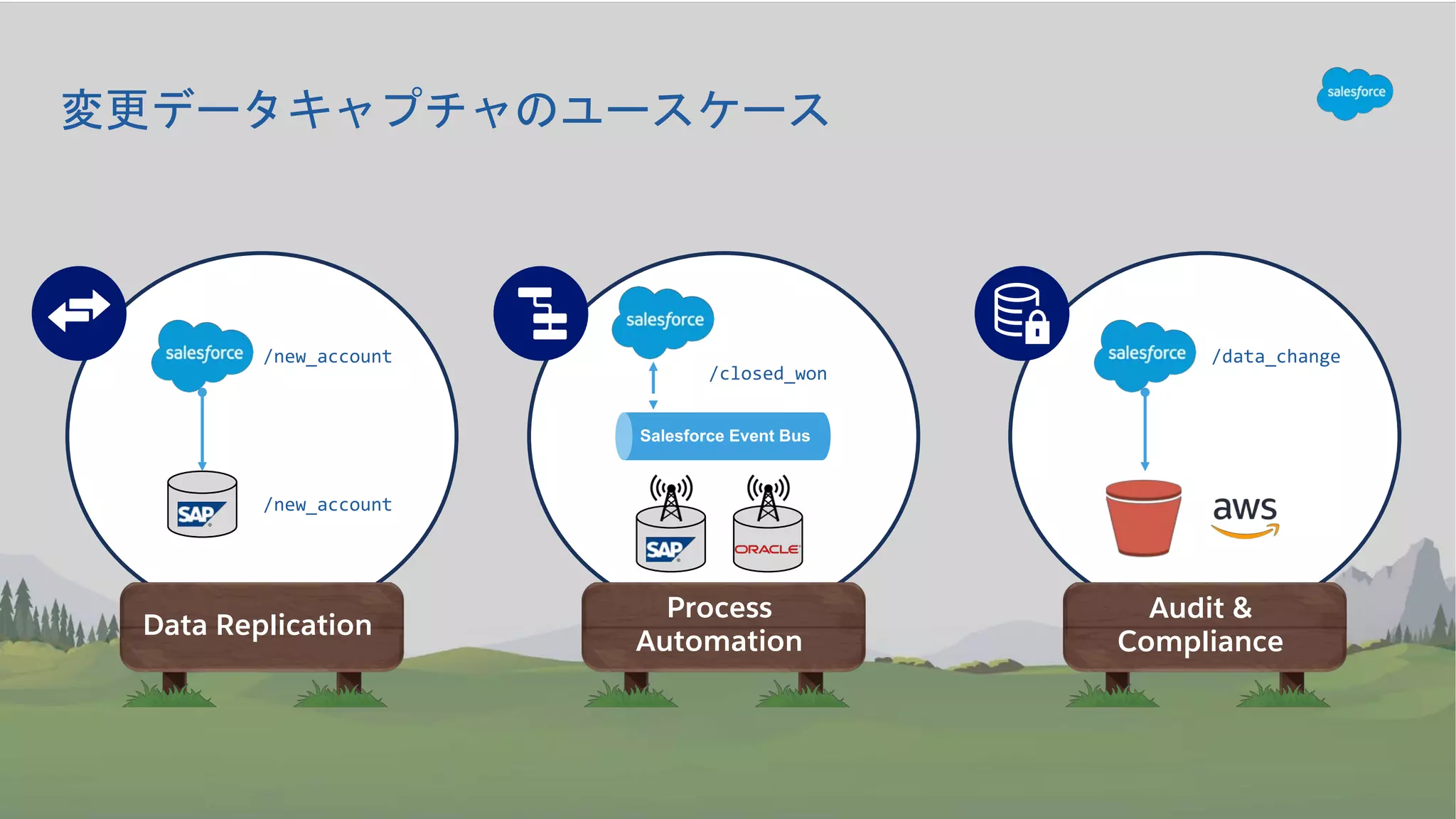 Data Replication
Process
Automation
Audit &
Compliance
Salesforce Event Bus
/closed_won
/new_account
/new_account
/data_change
 