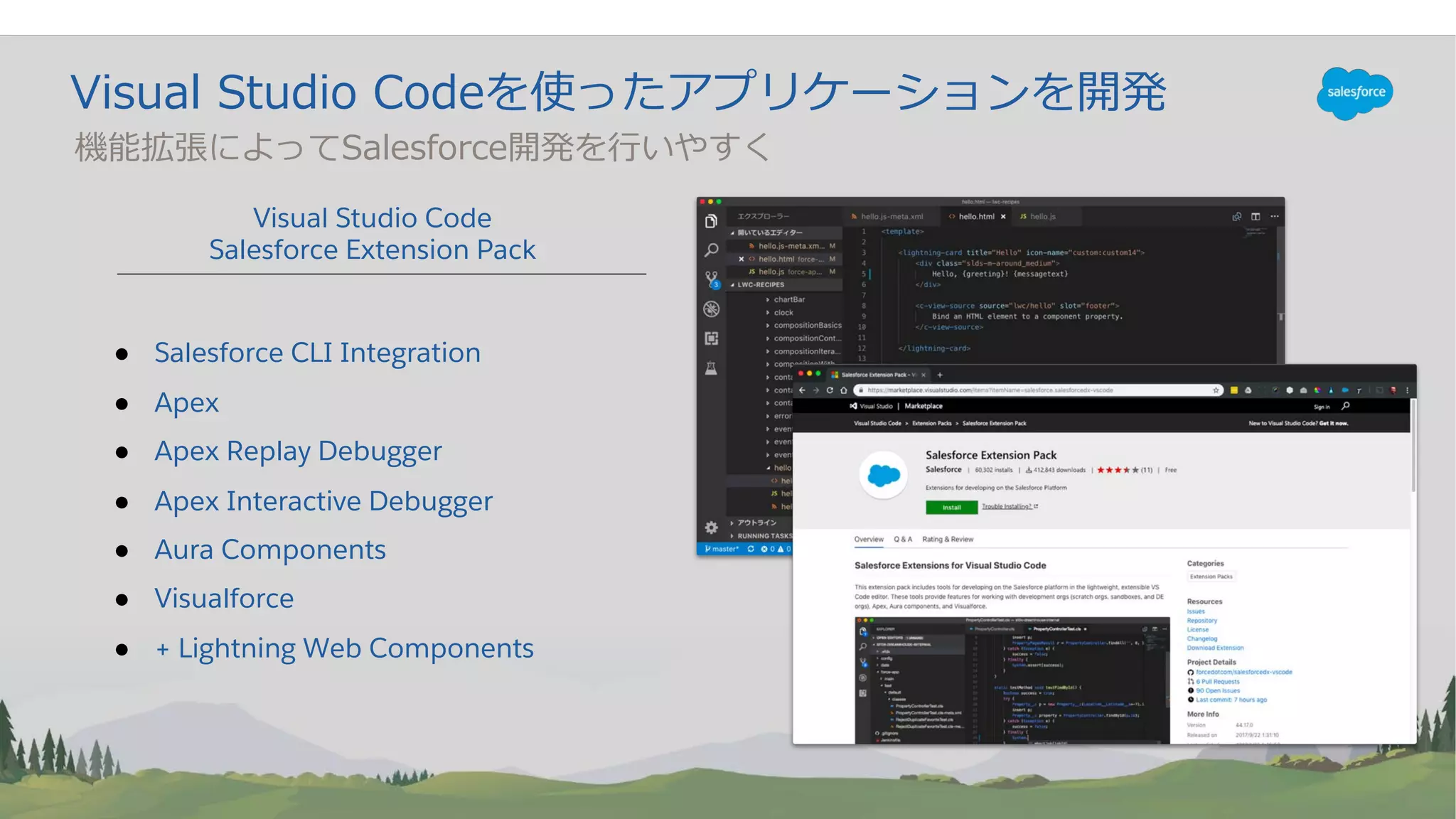 C
● Salesforce CLI Integration
● Apex
● Apex Replay Debugger
● Apex Interactive Debugger
● Aura Components
● Visualforce
● + Lightning Web Components
Visual Studio Code
Salesforce Extension Pack
 