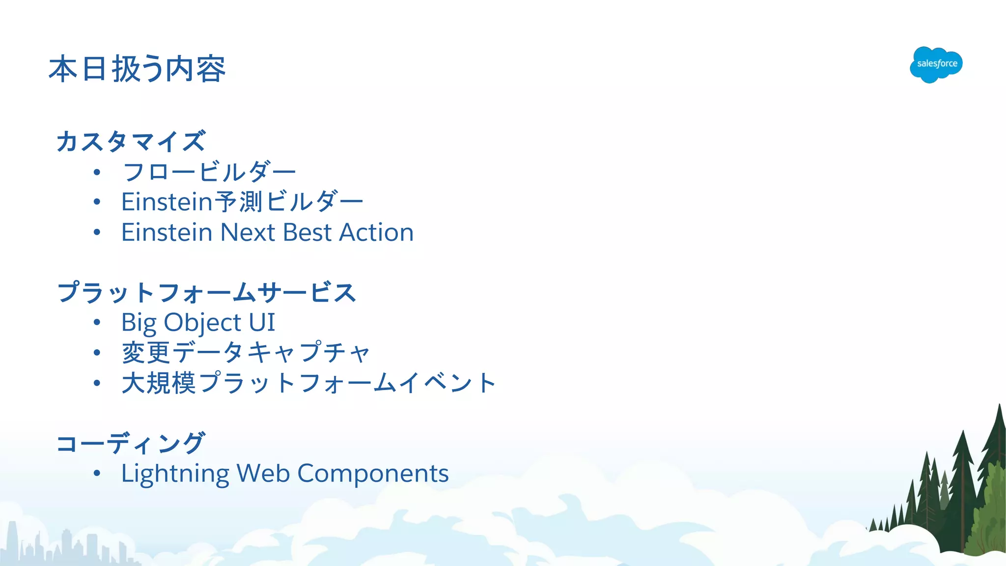 •
• Einstein
• Einstein Next Best Action
• Big Object UI
•
•
• Lightning Web Components
 