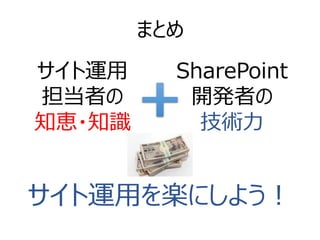 まとめ 
サイト運用 担当者の 知恵・知識 
SharePoint 開発者の 
技術力 
サイト運用を楽にしよう！ 