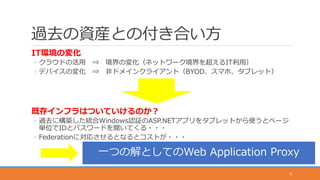 過去の資産との付き合い方
IT環境の変化
◦ クラウドの活用 ⇒ 境界の変化（ネットワーク境界を超えるIT利用）
◦ デバイスの変化 ⇒ 非ドメインクライアント（BYOD、スマホ、タブレット）
既存インフラはついていけるのか？
◦ 過去に構築した統合Windows認証のASP.NETアプリをタブレットから使うとページ
単位でIDとパスワードを聞いてくる・・・
◦ Federationに対応させるとなるとコストが・・・
8
一つの解としてのWeb Application Proxy
 