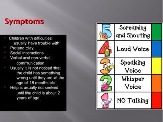 SymptomsSymptoms
ü Children with difficulties
usually have trouble with:
ü Pretend play.
ü Social interactions
ü Verbal and non-verbal
communication.
ü Usually it is not noticed that
the child has something
wrong until they are at the
age of 18 months old.
ü Help is usually not seeked
until the child is about 2
years of age.
 