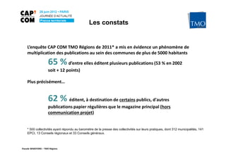 Les constats


    L’enquête CAP COM TMO Régions de 2011* a mis en évidence un phénomène de
    multiplication des publications au sein des communes de plus de 5000 habitants

                      65 % d’entre elles éditent plusieurs publications (53 % en 2002
                      soit + 12 points)

    Plus précisément…


                      62 % éditent, à destination de certains publics, d'autres
                      publications papier régulières que le magazine principal (hors
                      communication projet)


    * 500 collectivités ayant répondu au baromètre de la presse des collectivités sur leurs pratiques, dont 312 municipalités, 141
    EPCI, 13 Conseils régionaux et 33 Conseils généraux.



Pascale WAKEFORD – TMO Régions
 
