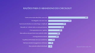 Baymardinstitute study,2017
61%Custos extras muito altos (frete, taxas, etc)
35%Fui obrigadoa criaruma conta
27%O processo decheckout era muito longo ecomplicado
24%Nãopudever / calcular todos os custos previamente
22%O site apresentou erros / quebrou
18%Nãoconfiei no site para inserir meu cartão decrédito
16%A entrega demorava demais
10%As políticas dedevolução nãoeram satisfatórias
8%Nãohavia métodos depagamentos suficientes
5%Meu cartão decréditofoi declinado
RAZÕES PARA O ABANDONO DO CHECKOUT
 