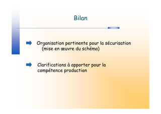 Bilan


Organisation pertinente pour la sécurisation
  (mise en œuvre du schéma)


Clarifications à apporter pour la
compétence production
 