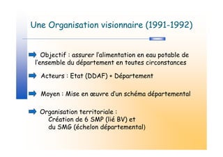 Une Organisation visionnaire (1991-1992)


    Objectif : assurer l’alimentation en eau potable de
 l’ensemble du département en toutes circonstances

  Acteurs : Etat (DDAF) + Département

  Moyen : Mise en œuvre d’un schéma départemental

  Organisation territoriale :
    Création de 6 SMP (lié BV) et
    du SMG (échelon départemental)
 