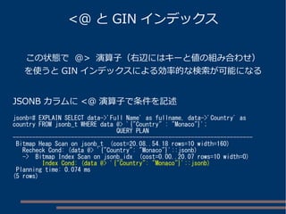 この状態で @> 演算子（右辺にはキーと値の組み合わせ）
を使うと GIN インデックスによる効率的な検索が可能になる
JSONB カラムに <@ 演算子で条件を記述
jsonb=# EXPLAIN SELECT data->'Full Name' as fullname, data->'Country' as
country FROM jsonb_t WHERE data @> '{"Country" : "Monaco"}';
QUERY PLAN
--------------------------------------------------------------------------
Bitmap Heap Scan on jsonb_t (cost=20.08..54.18 rows=10 width=160)
Recheck Cond: (data @> '{"Country": "Monaco"}'::jsonb)
-> Bitmap Index Scan on jsonb_idx (cost=0.00..20.07 rows=10 width=0)
Index Cond: (data @> '{"Country": "Monaco"}'::jsonb)
Planning time: 0.074 ms
(5 rows)
<@ と GIN インデックス
 