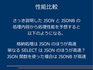 性能比較
さっき説明した JSON と JSONB の
処理内容から処理性能を予想すると
以下のようになる。
格納処理は JSON のほうが高速
単なる SELECT は JSON のほうが高速？
JSON 関数を使った場合は JSONB が高速
 