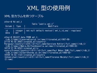 XML 型の使用例
XML 型カラムを持つテーブル
other=# d xml_t
Table "public.xml_t"
Column | Type | Modifiers
--------+---------+----------------------------------------------------
id | integer | not null default nextval('xml_t_id_seq'::regclass)
data | xml |
other=# SELECT data FROM xml_t;
<rdb_t><email>Laverna@junius.io</email><created_at>1987-08-
21T18:42:02.269Z</created_at><country>
Paraguay</country><id>0</id><full_name>Carolyne Kohler</full_name></rdb_t>
<rdb_t><email>Nakia_Rolfson@cecelia.ca</email><created_at>1989-03-
16T14:37:36.825Z</created_at><c
ountry>France</country><id>1</id><full_name>Paul Weber DVM</full_name></rdb_t>
<rdb_t><email>Elbert@norma.co.uk</email><created_at>1980-02-
19T04:16:52.113Z</created_at><country
>Uzbekistan</country><id>2</id><full_name>Florence Murphy</full_name></rdb_t>
(3 rows)
 