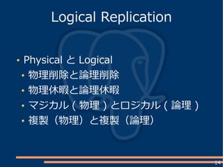 14
Physical と Logical
物理削除と論理削除
物理休暇と論理休暇
マジカル ( 物理 ) とロジカル ( 論理 )
複製（物理）と複製（論理）
Logical Replication
 