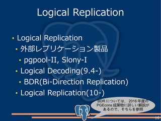 16
Logical Replication
外部レプリケーション製品
pgpool-II, Slony-I
Logical Decoding(9.4-)
BDR(Bi-Direction Replication)
Logical Replication(10-)
Logical Replication
BDR については、 2016 年度の
PGEcons 成果物に詳しい解説が
あるので、そちらを参照
 