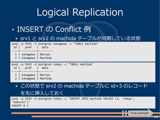 41
INSERT の Conflict 例
srv1 と srv2 の machida テーブルが同期している状態
Logical Replication
psql -p 5432 -U postgres kanagawa -c "TABLE machida"
id | pref | data
----+----------+---------
1 | kanagawa | Naruse
2 | kanagawa | Machida
この状態で srv2 の machida テーブルに id=3 のレコード
を先に挿入しておく
psql -p 5433 -U postgres tokyo -c "TABLE machida"
id | pref | data
----+----------+---------
1 | kanagawa | Naruse
2 | kanagawa | Machida
psql -p 5433 -U postgres tokyo -c "INSERT INTO machida VALUES (3, 'tokyo',
'Kobuchi')"
INSERT 0 1
To be continued
 