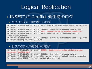 43
INSERT の Conflict 発生時のログ
パブリッシャー側のサーバログ
Logical Replication
2017-04-01 15:05:25.470 JST [63830] LOG: logical decoding found consistent point at
0/172D268
2017-04-01 15:05:25.470 JST [63830] DETAIL: There are no running transactions.
2017-04-01 15:05:25.476 JST [63830] LOG: unexpected EOF on standby connection
2017-04-01 15:05:30.490 JST [63833] LOG: starting logical decoding for slot
"sub_kanagawa_machida"
2017-04-01 15:05:30.490 JST [63833] DETAIL: streaming transactions committing after
0/172D2A0, reading WAL from 0/172D268
2017-04-01 15:05:25.475 JST [63829] ERROR: duplicate key value violates unique
constraint "machida_pkey"
2017-04-01 15:05:25.475 JST [63829] DETAIL: Key (id)=(3) already exists.
2017-04-01 15:05:25.476 JST [1994] LOG: worker process: logical replication worker
for subscription 16425 (PID 63829) exited with exit code 1
サブスクライバ側のサーバログ
 