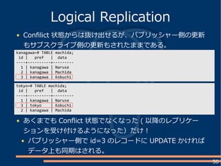 50
Confilict 状態からは抜け出せるが、パブリッシャー側の更新
もサブスクライブ側の更新もされたままである。
Logical Replication
kanagawa=# TABLE machida;
id | pref | data
----+----------+---------
1 | kanagawa | Naruse
2 | kanagawa | Machida
3 | kanagawa | Kobuchi
tokyo=# TABLE machida;
id | pref | data
----+----------+---------
1 | kanagawa | Naruse
3 | tokyo | Kobuchi
2 | kanagawa | Machida
あくまでも Conflict 状態でなくなった ( 以降のレプリケー
ションを受け付けるようになった）だけ！
パブリッシャー側で id=3 のレコードに UPDATE かければ
データ上も同期はされる。
 