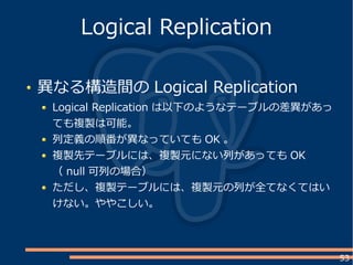 53
異なる構造間の Logical Replication
Logical Replication は以下のようなテーブルの差異があっ
ても複製は可能。
列定義の順番が異なっていても OK 。
複製先テーブルには、複製元にない列があっても OK
（ null 可列の場合）
ただし、複製テーブルには、複製元の列が全てなくてはい
けない。ややこしい。
Logical Replication
 
