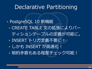 65
PostgreSQL 10 新機能
CREATE TABLE 文の拡張によりパー
ティションテーブルの定義が可能に。
INSERT トリガ定義不要に！
しかも INSERT が高速化！
制約矛盾もある程度チェック可能！
Declarative Partitioning
 