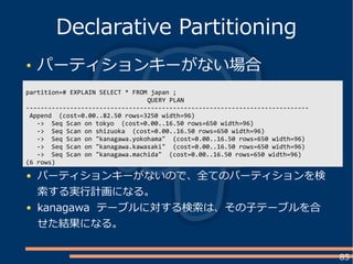 85
パーティションキーがない場合
Declarative Partitioning
partition=# EXPLAIN SELECT * FROM japan ;
QUERY PLAN
-----------------------------------------------------------------------------
Append (cost=0.00..82.50 rows=3250 width=96)
-> Seq Scan on tokyo (cost=0.00..16.50 rows=650 width=96)
-> Seq Scan on shizuoka (cost=0.00..16.50 rows=650 width=96)
-> Seq Scan on "kanagawa.yokohama" (cost=0.00..16.50 rows=650 width=96)
-> Seq Scan on "kanagawa.kawasaki" (cost=0.00..16.50 rows=650 width=96)
-> Seq Scan on "kanagawa.machida" (cost=0.00..16.50 rows=650 width=96)
(6 rows)
パーティションキーがないので、全てのパーティションを検
索する実行計画になる。
kanagawa テーブルに対する検索は、その子テーブルを合
せた結果になる。
 