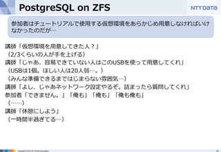 21Copyright © 2012 NTT DATA Corporation
PostgreSQL  on  ZFS
講師「仮想環境を⽤用意してきた⼈人？」
（2/3くらいの⼈人が⼿手を上げる）
講師「じゃあ、容易易できていない⼈人はこのUS...