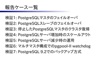 報告ケース一覧

検証1: PostgreSQLマスタのフェイルオーバ
検証2: PostgreSQLスレーブのフェイルオーバ
検証3: 停止したPostgreSQLマスタのクラスタ復帰
検証4: PostgreSQLサーバ増加時のスケールアウト
検証5: PostgreSQLサーバ減少時の運用
検証6: マルチマスタ構成でのpgpool-II watchdog
検証7: PostgreSQL 9.2でのバックアップ方式
 