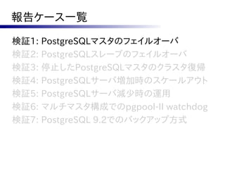 報告ケース一覧

検証1: PostgreSQLマスタのフェイルオーバ
検証2: PostgreSQLスレーブのフェイルオーバ
検証3: 停止したPostgreSQLマスタのクラスタ復帰
検証4: PostgreSQLサーバ増加時のスケールアウト
検証5: PostgreSQLサーバ減少時の運用
検証6: マルチマスタ構成でのpgpool-II watchdog
検証7: PostgreSQL 9.2でのバックアップ方式
 