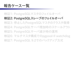 報告ケース一覧

検証1: PostgreSQLマスタのフェイルオーバ
検証2: PostgreSQLスレーブのフェイルオーバ
検証3: 停止したPostgreSQLマスタのクラスタ復帰
検証4: PostgreSQLサーバ増加時のスケールアウト
検証5: PostgreSQLサーバ減少時の運用
検証6: マルチマスタ構成でのpgpool-II watchdog
検証7: PostgreSQL 9.2でのバックアップ方式
 