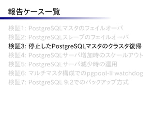 報告ケース一覧

検証1: PostgreSQLマスタのフェイルオーバ
検証2: PostgreSQLスレーブのフェイルオーバ
検証3: 停止したPostgreSQLマスタのクラスタ復帰
検証4: PostgreSQLサーバ増加時のスケールアウト
検証5: PostgreSQLサーバ減少時の運用
検証6: マルチマスタ構成でのpgpool-II watchdog
検証7: PostgreSQL 9.2でのバックアップ方式
 