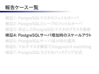 報告ケース一覧

検証1: PostgreSQLマスタのフェイルオーバ
検証2: PostgreSQLスレーブのフェイルオーバ
検証3: 停止したPostgreSQLマスタのクラスタ復帰
検証4: PostgreSQLサーバ増加時のスケールアウト
検証5: PostgreSQLサーバ減少時の運用
検証6: マルチマスタ構成でのpgpool-II watchdog
検証7: PostgreSQL 9.2でのバックアップ方式
 