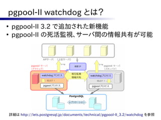 pgpool-II watchdog とは？
●
     pgpool-II 3.2 で追加された新機能
●
     pgpool-II の死活監視、サーバ間の情報共有が可能




    詳細は http://lets.postgresql.jp/documents/technical/pgpool-II_3.2/watchdog を参照
 