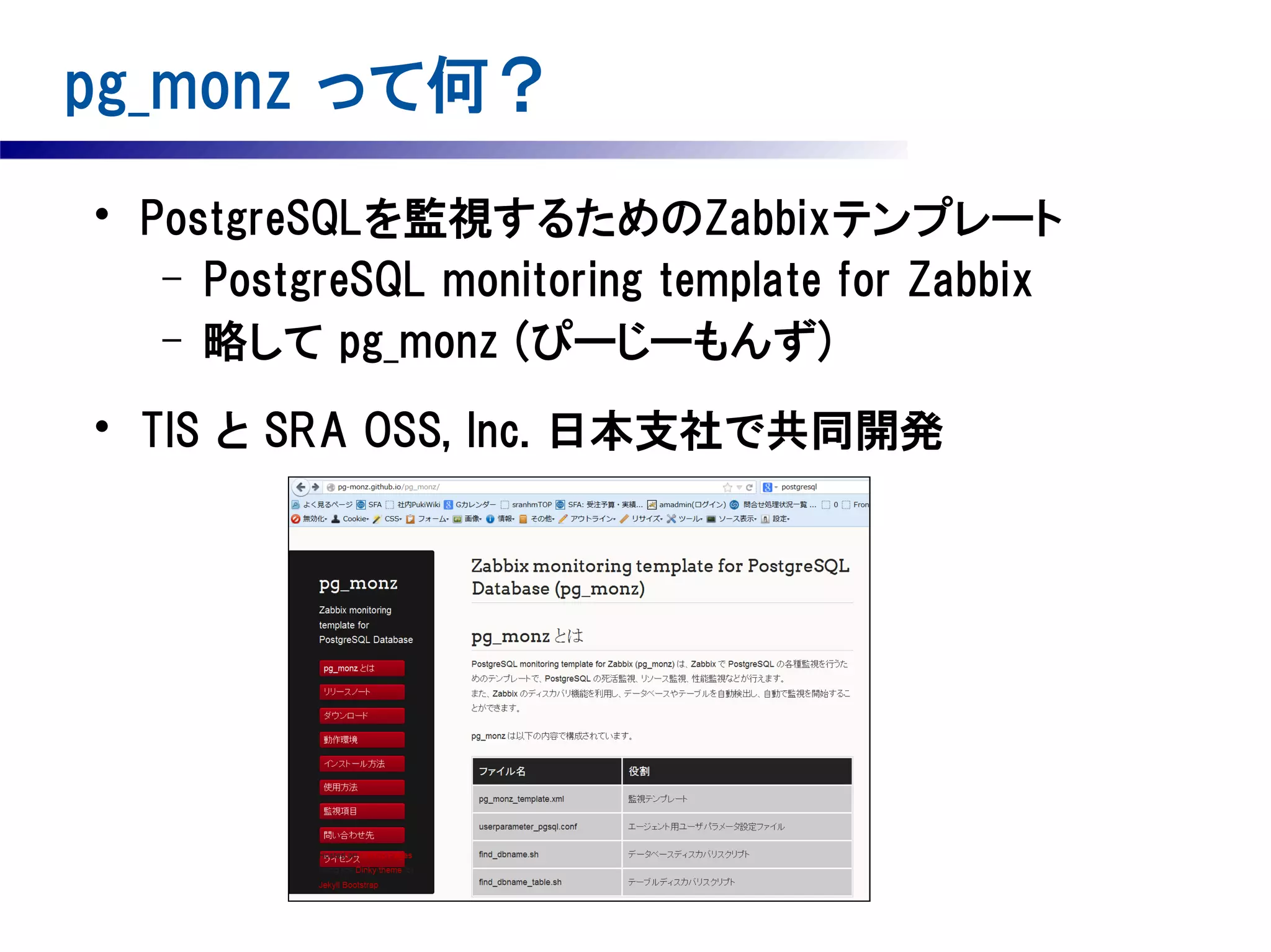 pg_monz って何？
• PostgreSQLを監視するためのZabbixテンプレート
– PostgreSQL monitoring template for Zabbix
– 略して pg_monz (ぴーじーもんず)
• TIS と SRA OSS, Inc. 日本支社で共同開発

 