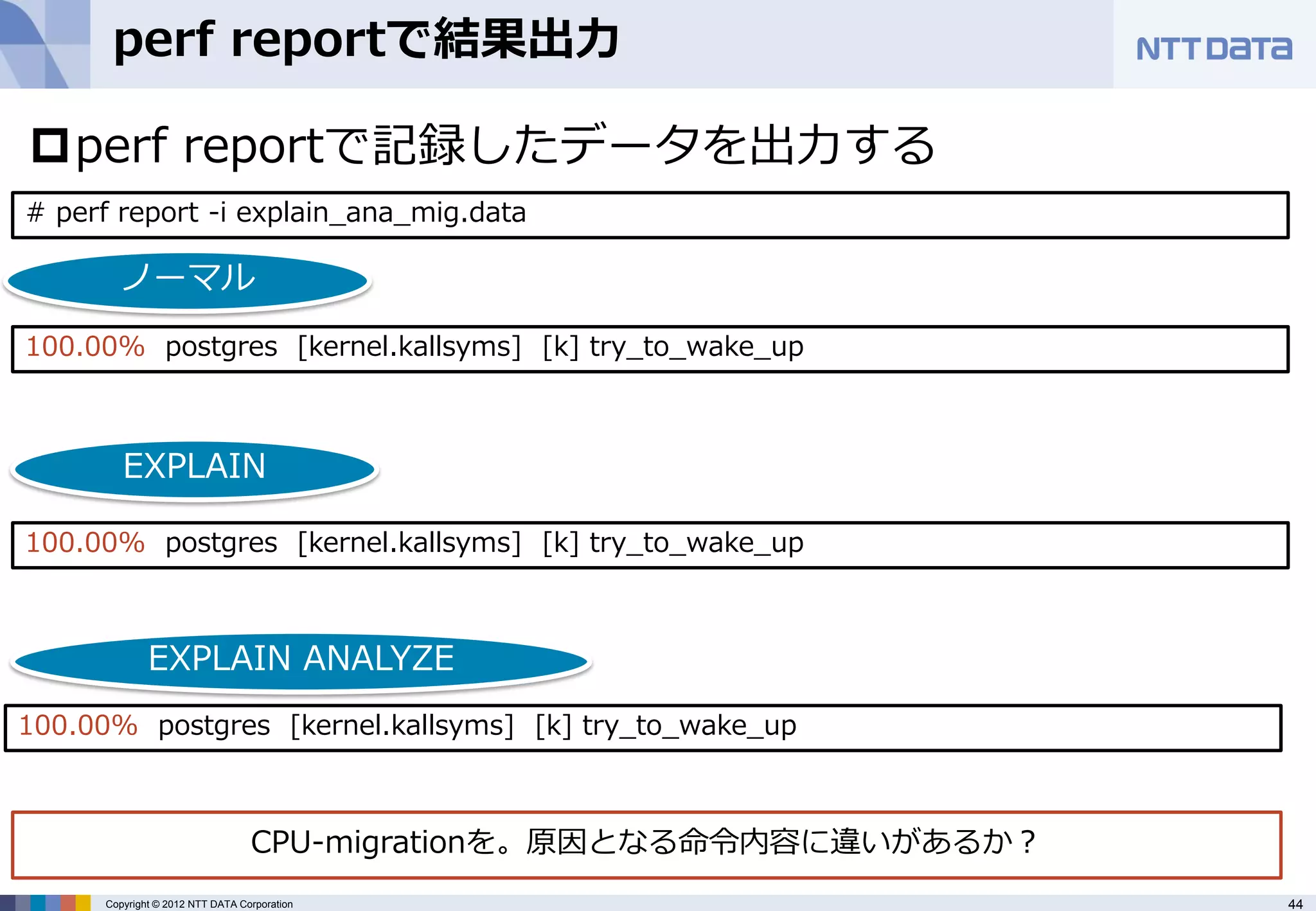 perf reportで結果出力

perf reportで記録したデータを出力する
# perf report -i explain_ana_mig.data

       ノーマル
100.00% postgres [kernel.kallsyms] [k] try_to_wake_up



        EXPLAIN

100.00% postgres [kernel.kallsyms] [k] try_to_wake_up



             EXPLAIN ANALYZE
100.00% postgres [kernel.kallsyms] [k] try_to_wake_up



                                 CPU-migrationを。原因となる命令内容に違いがあるか？
     Copyright © 2012 NTT DATA Corporation                          44
 