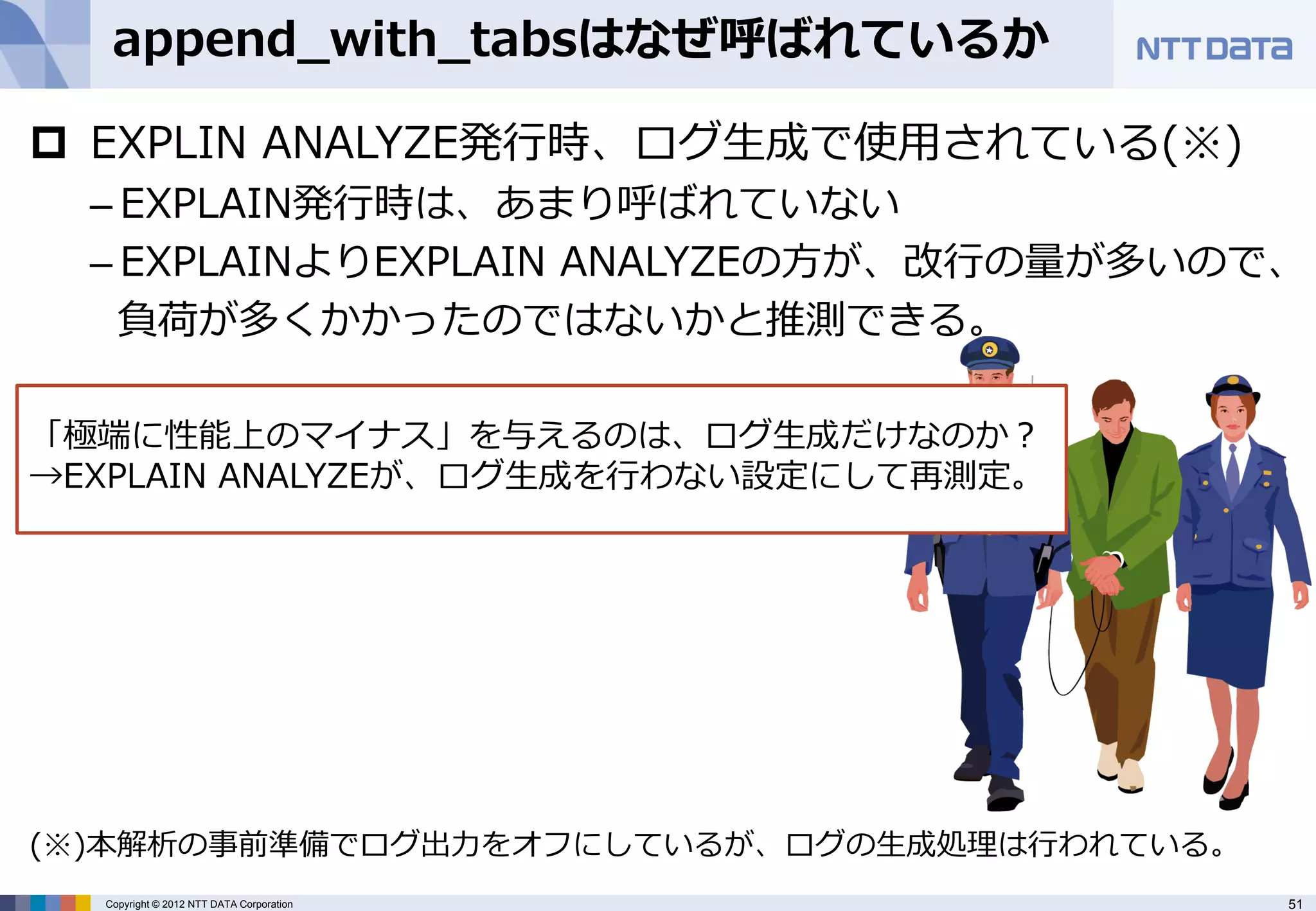 append_with_tabsはなぜ呼ばれているか

 EXPLIN ANALYZE発行時、ログ生成で使用されている(※)
  – EXPLAIN発行時は、あまり呼ばれていない
  – EXPLAINよりEXPLAIN ANALYZEの方が、改行の量が多いので、
    負荷が多くかかったのではないかと推測できる。

「極端に性能上のマイナス」を与えるのは、ログ生成だけなのか？
→EXPLAIN ANALYZEが、ログ生成を行わない設定にして再測定。




(※)本解析の事前準備でログ出力をオフにしているが、ログの生成処理は行われている。
  Copyright © 2012 NTT DATA Corporation     51
 