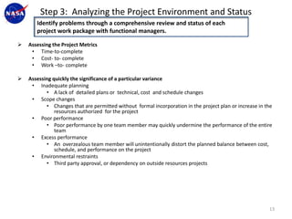 Step 3: Analyzing the Project Environment and Status
       Identify problems through a comprehensive review and status of each
       project work package with functional managers.

   Assessing the Project Metrics
     • Time-to-complete
     • Cost- to- complete
     • Work –to- complete

   Assessing quickly the significance of a particular variance
     • Inadequate planning
           • A lack of detailed plans or technical, cost and schedule changes
     • Scope changes
           • Changes that are permitted without formal incorporation in the project plan or increase in the
               resources authorized for the project
     • Poor performance
           • Poor performance by one team member may quickly undermine the performance of the entire
               team
     • Excess performance
           • An overzealous team member will unintentionally distort the planned balance between cost,
               schedule, and performance on the project
     • Environmental restraints
           • Third party approval, or dependency on outside resources projects




                                                                                                         13
 