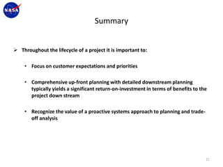 Summary


 Throughout the lifecycle of a project it is important to:

    • Focus on customer expectations and priorities

    • Comprehensive up-front planning with detailed downstream planning
      typically yields a significant return-on-investment in terms of benefits to the
      project down stream

    • Recognize the value of a proactive systems approach to planning and trade-
      off analysis




                                                                                    21
 