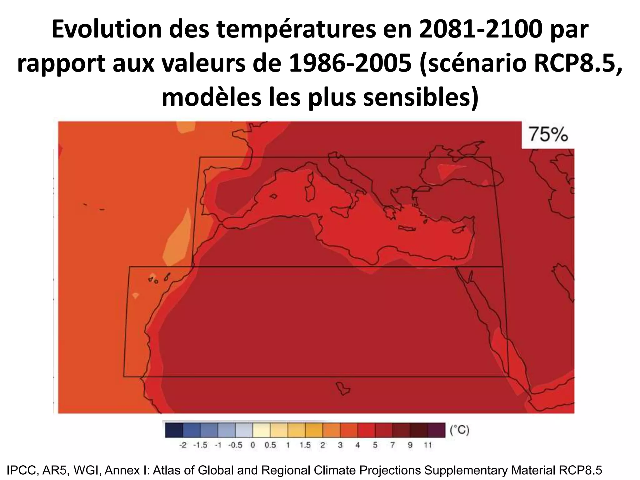 Evolution des températures en 2081-2100 par
rapport aux valeurs de 1986-2005 (scénario RCP8.5,
modèles les plus sensibles)
IPCC, AR5, WGI, Annex I: Atlas of Global and Regional Climate Projections Supplementary Material RCP8.5
 