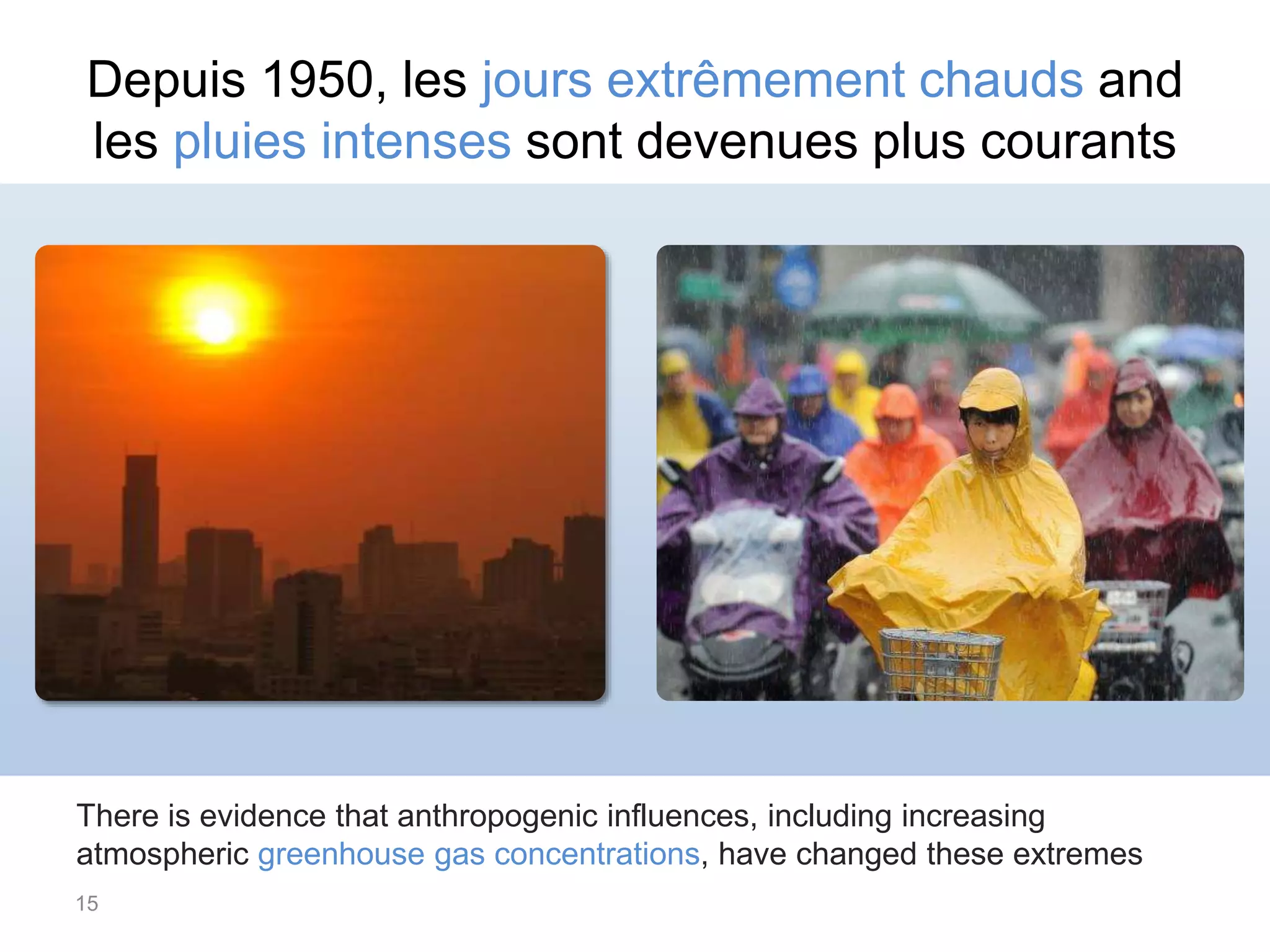 Depuis 1950, les jours extrêmement chauds and
les pluies intenses sont devenues plus courants
15
There is evidence that anthropogenic influences, including increasing
atmospheric greenhouse gas concentrations, have changed these extremes
 