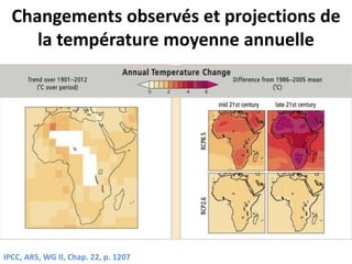 Changements observés et projections de
la température moyenne annuelle
IPCC, AR5, WG II, Chap. 22, p. 1207
 