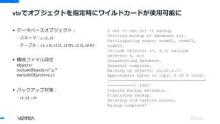 vbrでオブジェクトを指定時にワイルドカードが使用可能に
 データベースオブジェクト：
- スキーマ：s, s1, s2
- テーブル：s.t, s.tt, s1.t1, s1.tt1, s2.t2, s2.tt2
 構成ファイル設定
objects=
includeObjects=s*,s.*
excludeObjects=s,s.t
 バックアップ対象：
- s1, s2, s.tt
$ vbr -c vbr.ini -t backup
Starting backup of database xli.
Participating nodes: node01, node02,
node03.
Include objects: s*, s.*; exclude
objects: s, s.t
Snapshotting database.
Snapshot complete.
Backing up objects: s1,s2,s.tt
Approximate bytes to copy: 0 of 0 total.
[=======================================
===========] 100%
Copying backup metadata.
Finalizing backup.
Deleting old restore points.
Backup complete!
 