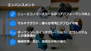 ニューエコノミースケールのコアパフォーマンス向上
機械学習、及び、高度な分析の強化
マルチクラウド：様々な環境にデプロイ可能
オープンソースインテグレーション、エコシステム
との連携強化
エンハンスメント
 