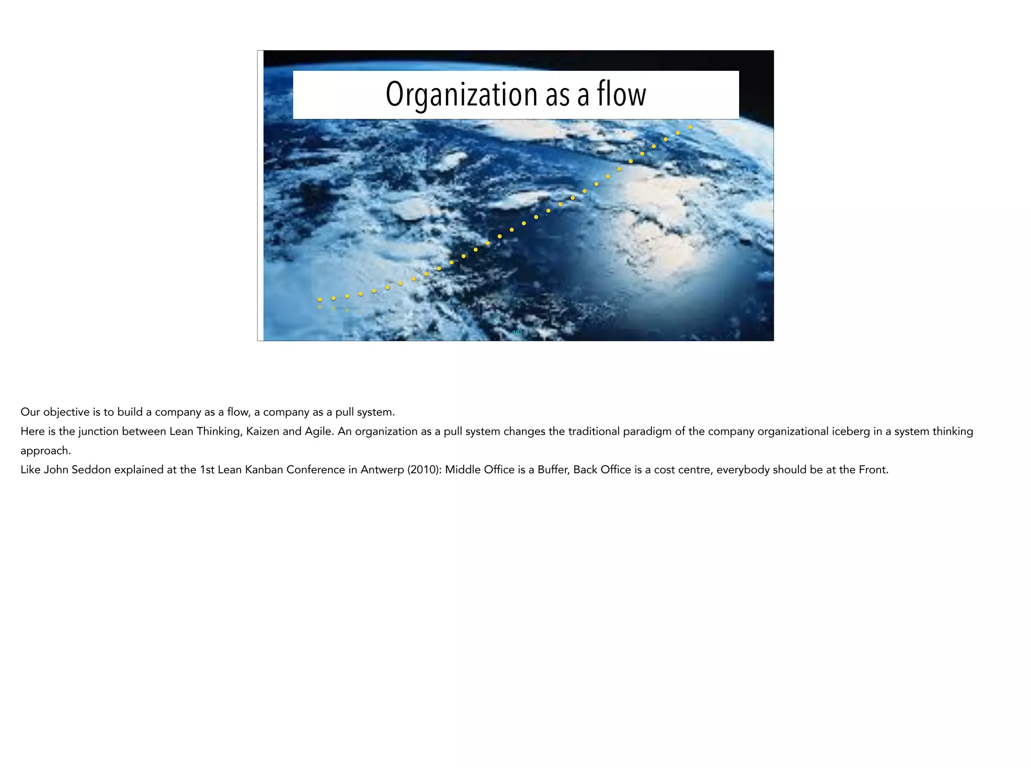 Organization as a ﬂow
10
Our objective is to build a company as a flow, a company as a pull system.
Here is the junction between Lean Thinking, Kaizen and Agile. An organization as a pull system changes the traditional paradigm of the company organizational iceberg in a system thinking
approach.
Like John Seddon explained at the 1st Lean Kanban Conference in Antwerp (2010): Middle Office is a Buffer, Back Office is a cost centre, everybody should be at the Front.
 