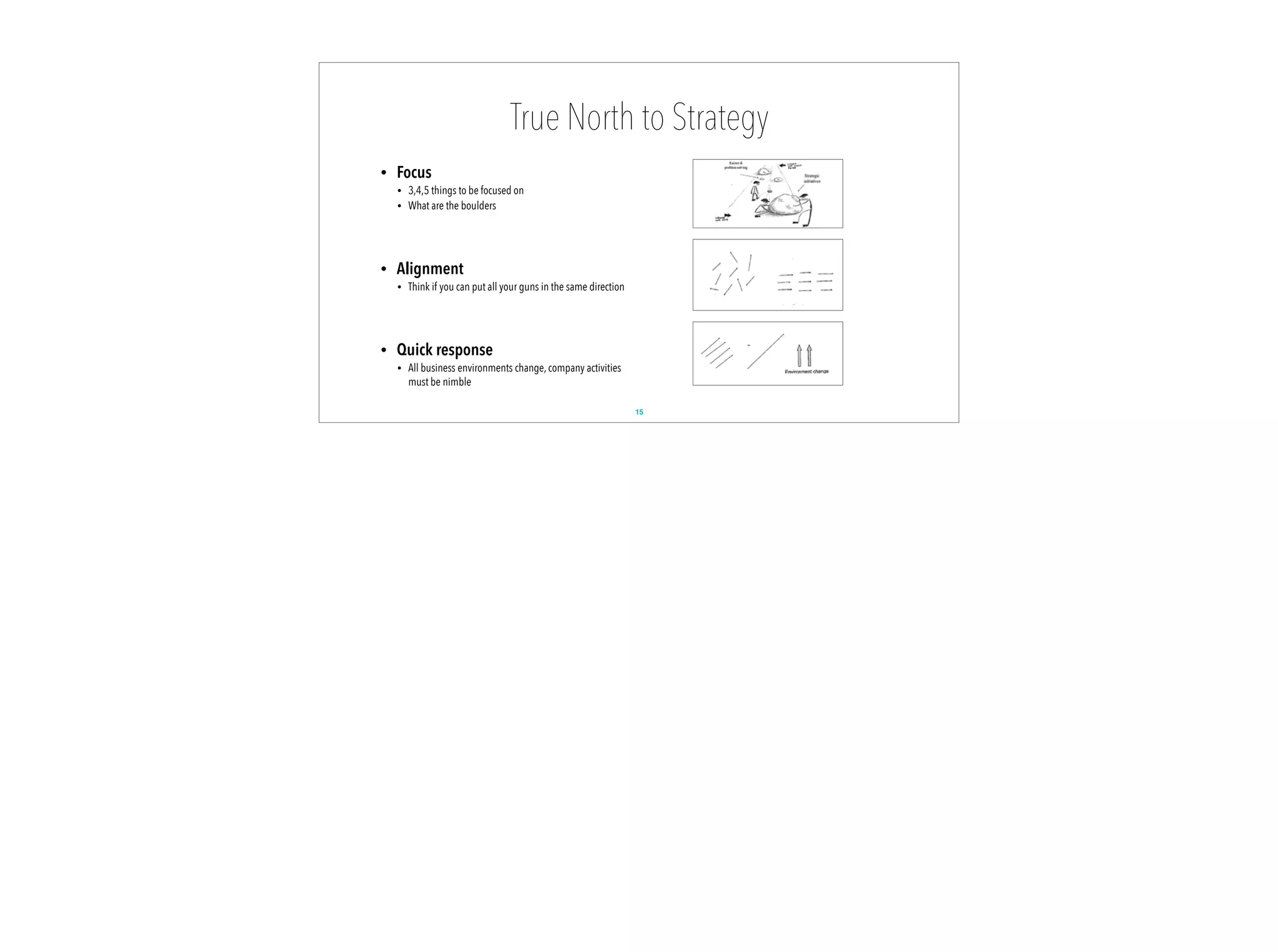 True North to Strategy
15
• Focus
• 3,4,5 things to be focused on
• What are the boulders
• Alignment
• Think if you can put all your guns in the same direction
• Quick response
• All business environments change, company activities
must be nimble
 