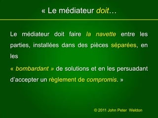 « Le médiateur doit… Le médiateur doit faire la navette entre les parties, installées dans des pièces séparées, en les « bombardant » de solutions et en les persuadant d’accepter un règlement de compromis. »© 2011 John Peter  Weldon 